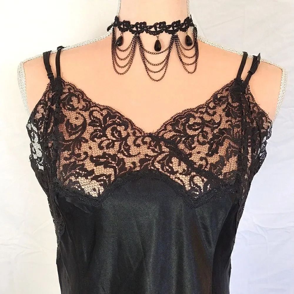 Victoria's Secret VTG 90s Black Satin Strappy Lace Top Mini Slip Dress Large - Picture 5 of 15